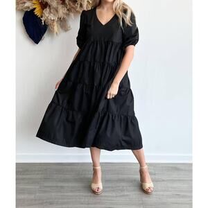 En Saison Raegan Tiered Midi Dress Black V Neck Cotton Poplin Small